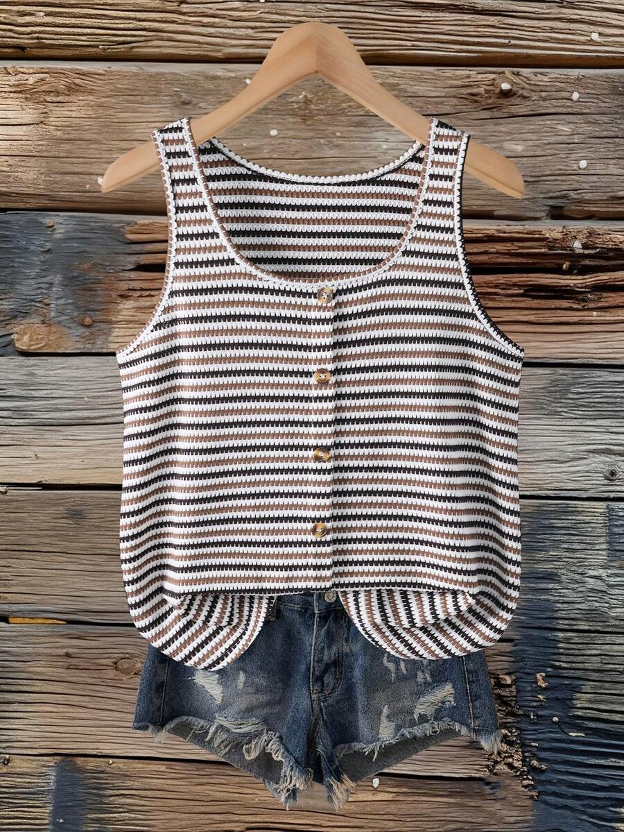 SHEIN VCAY Plus Size Women Summer Apricot Striped Button Decor Sleeveless Camisole - Brown - View 1