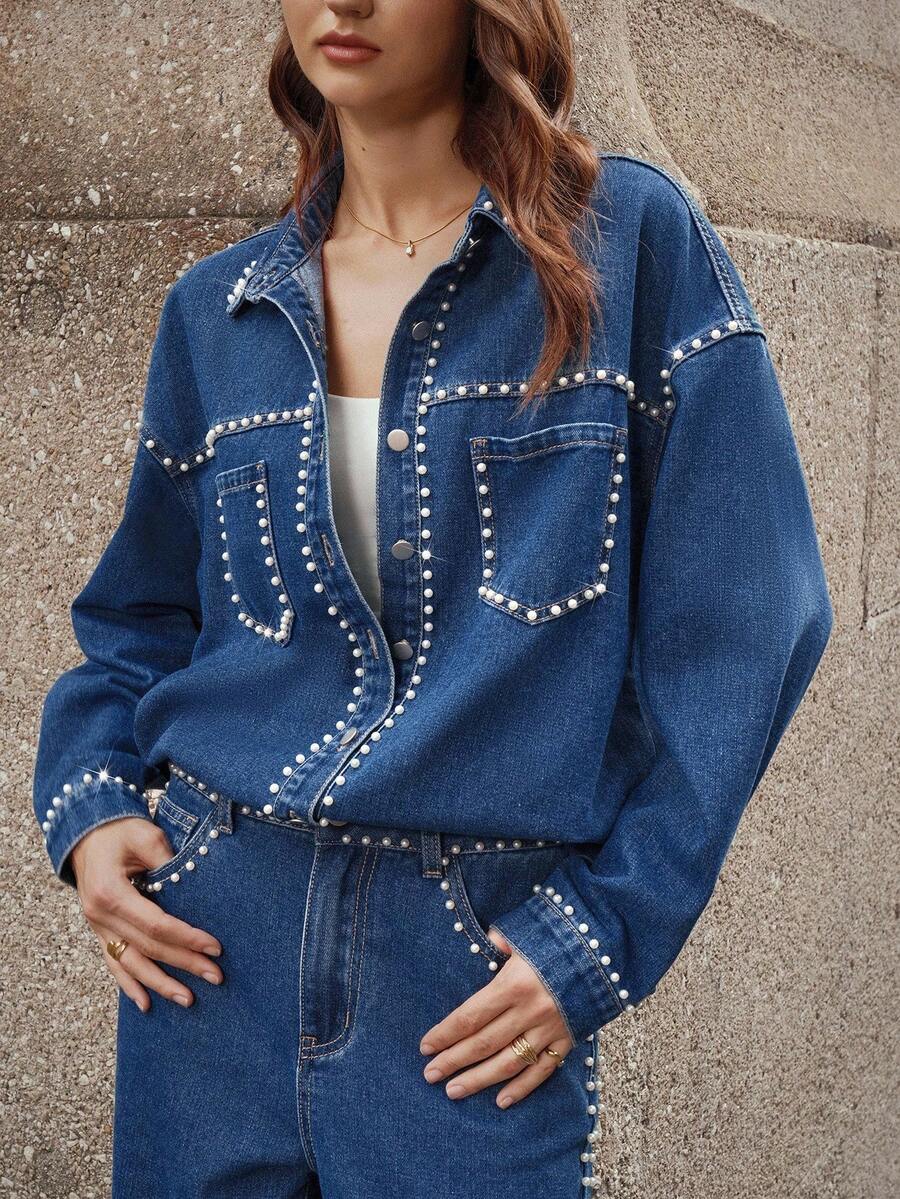 Selenza Women's Drop Shoulder Long Sleeve Single-Breasted Casual Pocket Denim Studded Shirt - Blue - View 1