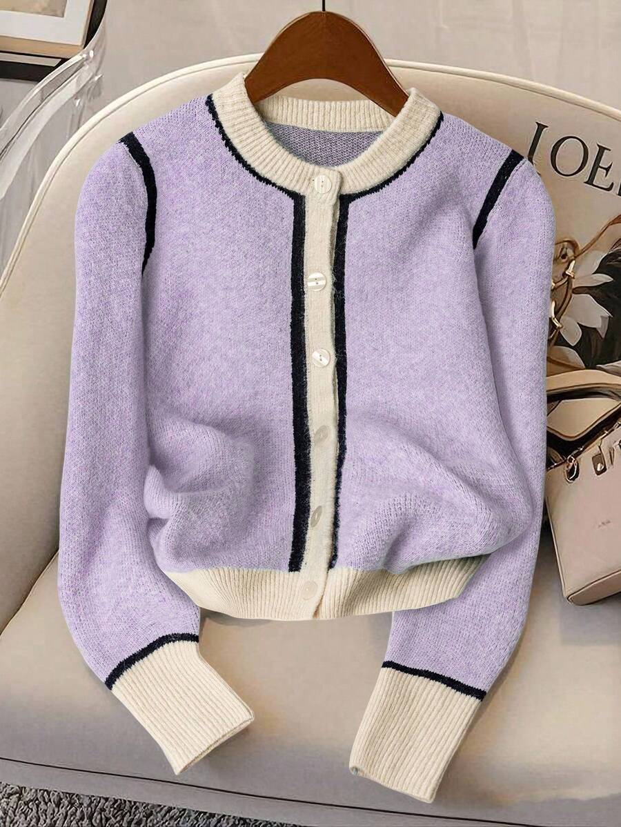 SHEIN LUNE Women's Contrast Color Round Neck Cardigan, Regular Fit, Spring/Autumn - Mauve Purple - View 1
