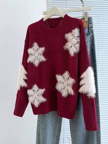 Franclia 女式宽松落肩长袖雪花圣诞针织毛衣，秋冬 - 酒紅色 - 查看 7