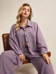 Juhart Plus Size Solid Color Drop Shoulder Long Sleeve Loose Front Button Casual 2 Pieces Set - Purple - View 1