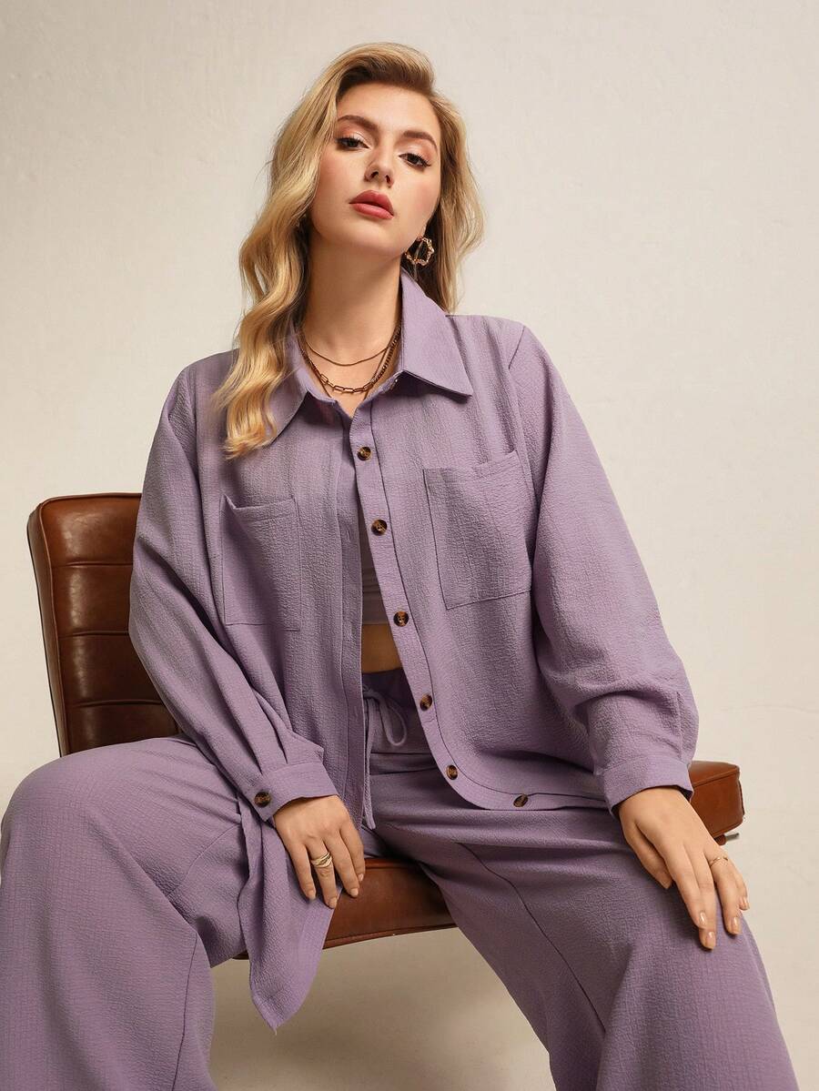 Juhart Plus Size Solid Color Drop Shoulder Long Sleeve Loose Front Button Casual 2 Pieces Set - Purple - View 1