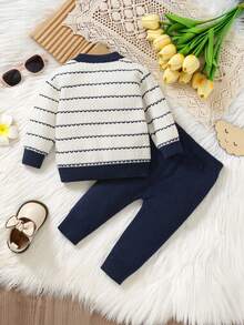 SHEIN Vintaside Kids 2pcs Baby Girls Striped Pattern Round Neck Button Front Long Sleeve Top And Solid Color Pants Sweater Set - Royal Blue - View 2