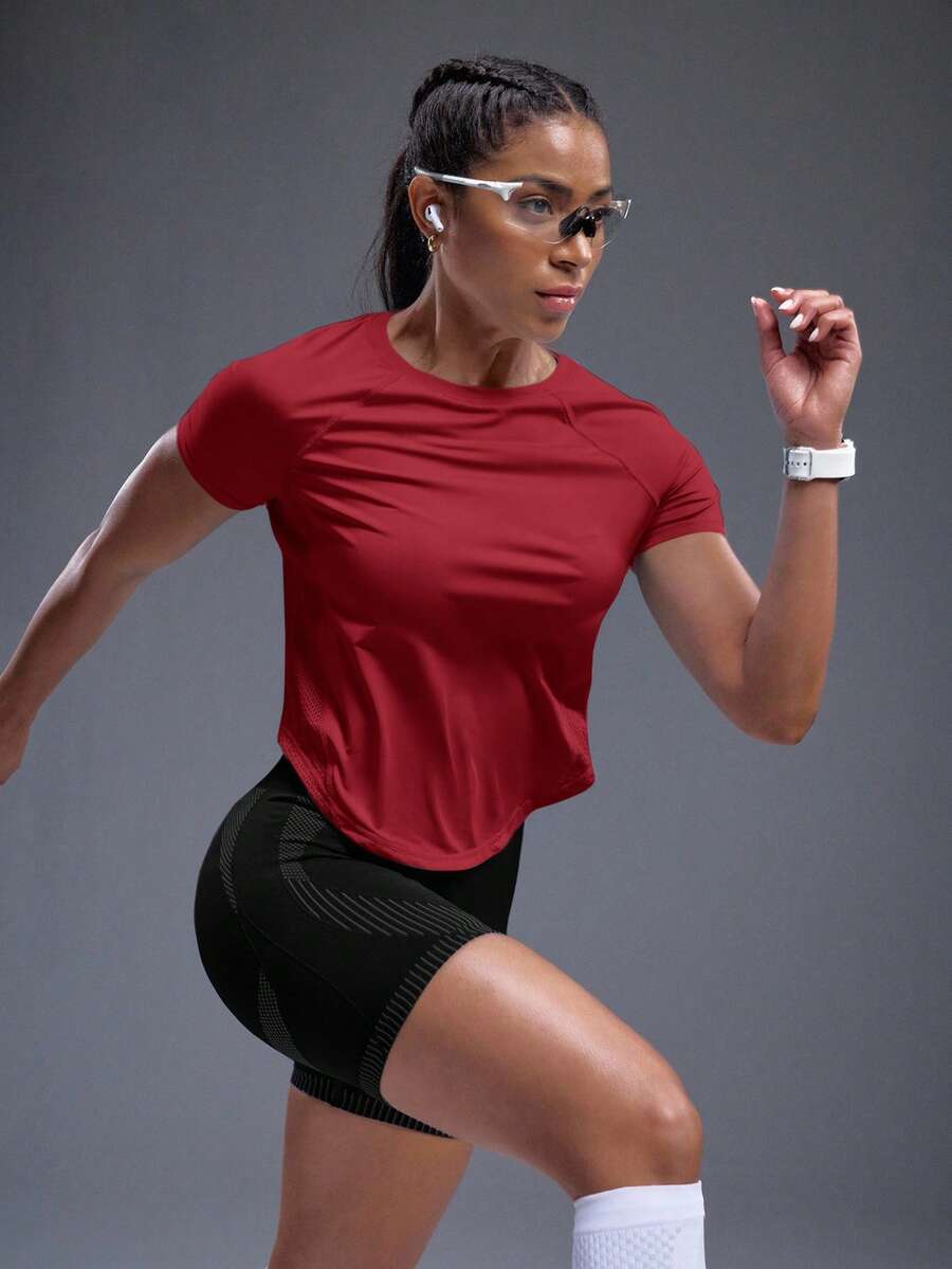 Powerista Women's Solid Color Round Neck Raglan Short Sleeve Athletic T-Shirt Gym Shirts - Red - View 1