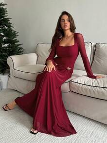 Aloruh Vestido de festa feminino elegante com decote quadrado e fivela de metal, cintura marcada, vermelho, vestido de natal - Borgonha - Ver 2