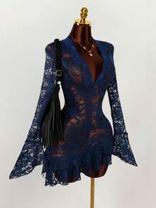 Amplova 夏季嬉皮风格女士透明低胸迷你连衣裙 - 藍色 - 查看 7