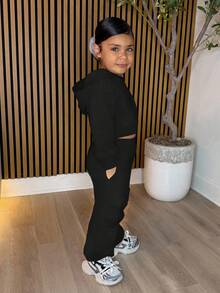 年轻女孩休闲灰色针织连帽运动衫运动衫和抽绳运动裤套装 - 黑色 - 查看 4