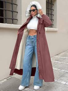 EURMUSE WOMAN BLACK OVERCOAT WITH FUR AND TEDDY LINING - Dusty Pink - View 3