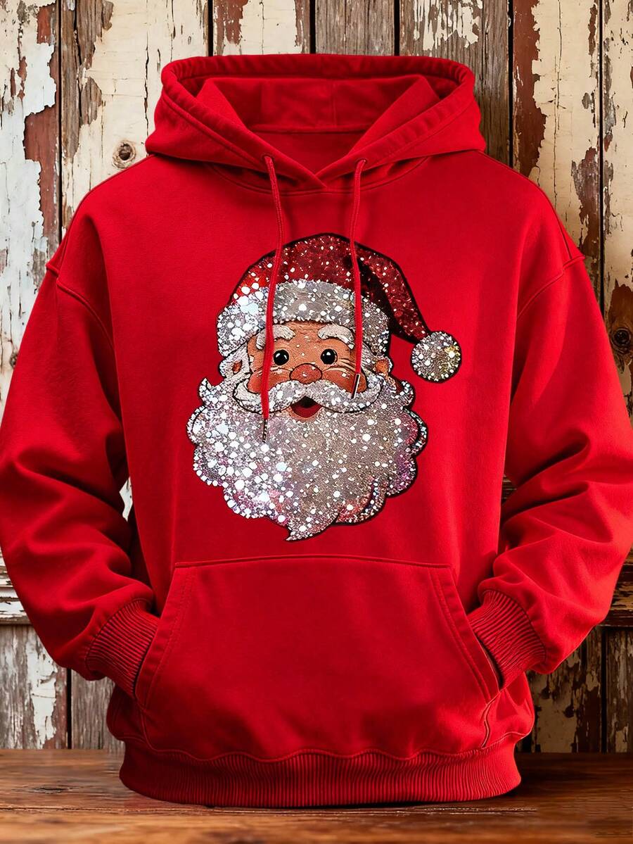 Men's Realistic Santa Claus Print Sweatshirt, Colorful Comfortable Long Sleeve Hoodie For Casual Wear - Red - View 1