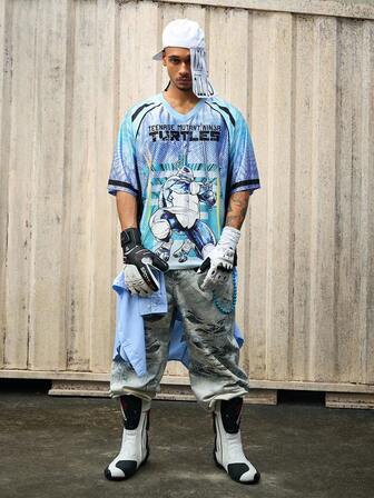 TEENAGE MUTANT NINJA TURTLES X ROMWE T-shirt à manches courtes décontracté pour hommes avec imprimé tortue et couleurs contrastées