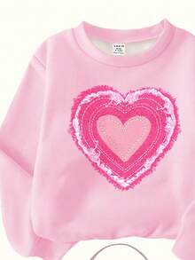 SHEIN 2 件套情人节心形图案少女休闲宽松圆领长袖运动衫和喇叭裤套装 - 彩色 - 查看 11