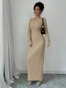 Rafferiza Váy len dệt kim gân cổ tròn tay dài màu trơn - Màu nâu  Mocha - Xem 4