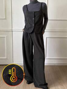 Livesso 2 件套女士秋冬套装：宽松羊毛裤、休闲吊带上衣和短款开衫 - 深灰色 - 查看 1