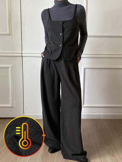 Livesso 2 件套女士秋冬套装：宽松羊毛裤、休闲吊带上衣和短款开衫