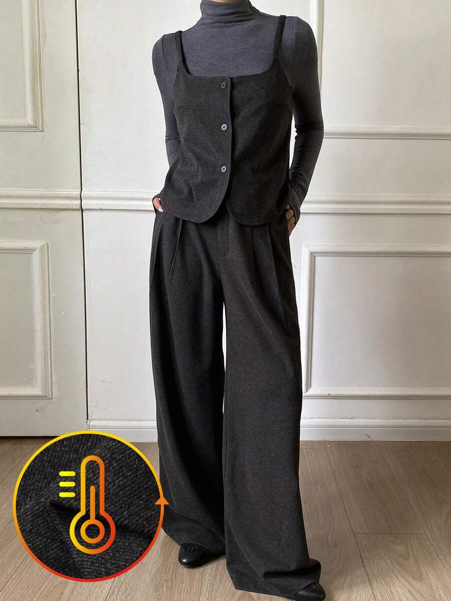 Livesso 2 件套女士秋冬套装：宽松羊毛裤、休闲吊带上衣和短款开衫 - 深灰色 - 查看 1