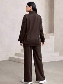 Mulvari 2pcs Set Women Raglan Sleeve Zip-Up Colorblock Elegant Cardigan And Pants - Brown - View 2