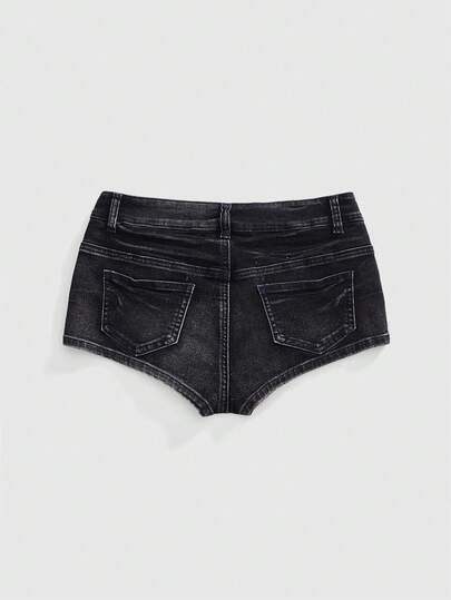 J-Fashion Short en jean sexy taille basse super vintage avec clous et crâne délavé pour femmes