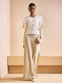 Zivah Off-White Elegant Round Neck Metal Buckle Decor Long Sleeve Sweater For Women,Autumn Office Commuting,European Simple Style Winter Casual Knitwear - White - View 6