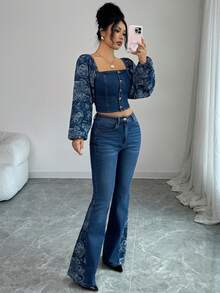 Elenzga 2pcs/Set Women Stylish Denim Outfit, Long Sleeve Cold Shoulder Top And High Waist Pants - Medium Wash - View 4