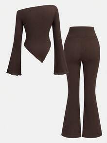 SHEIN Teen Girl 2pcs/Set Casual Gray Pleated Long Sleeve Fitted Knit Top And Flare Pants Set For Home And Outdoors, Travel Outfit Airport Suitable For All Seasons - Spring, Summer, Autumn, Winter