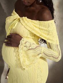 Cheriluna Maternity 优雅露肩白色蕾丝长袖美人鱼长裙，适合婚礼、派对、孕妇写真、婴儿洗礼 - 黃色 - 查看 5