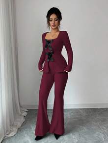 Elenzga Women's Elegant Fluffy Ribbed Knit Bowknot Collar Long Sleeve Blouse And Flare Pants 2 Pieces Set - Hot Pink - View 6