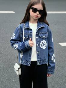 Elladie kids Young Girls Cute Style Denim Jacket, Vintage Mid-Blue Denim Color With White Floral Print, Fitted Silhouette, Comfortable Soft Fabric, Fashionable For Daily Wear And Commuting, Suitable For Spring, Summer, Autumn And Winter