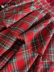 Sparklyn 2件套少女休闲圣诞新年红色T恤和格子裙套装 - 紅色 - 查看 3