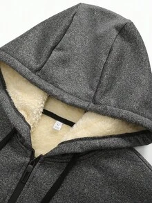 Manfinity Homme 男士保暖内衬休闲通勤简约纯色抽绳连帽拉链保暖长袖外套，秋冬季 - 深灰色 - 查看 3
