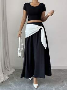 Elenzga Women's Elegant Black & White Color Block Tie-Waist Skirt, Suitable For Autumn/Winter, Thanksgiving, Elegant Parties, Christmas, New Year - Black - View 7