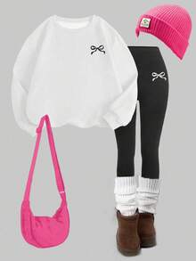 SHEIN Leap Crew 2 件套青少年女孩休闲简约蝴蝶结装饰圆领厚实柔软运动衫和紧身打底裤套装，适合秋冬季，休闲装，轻松舒适，儿童秋季分层，时尚儿童，休闲装，返校，秋装，返校节，适合户外、郊游、街头摄影、家居 - 彩色 - 查看 3