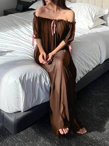 DAZY Charming Sheer Mesh Off-Shoulder Ruffle Hem Long Sexy Nightgown For Women - Brown - View 5
