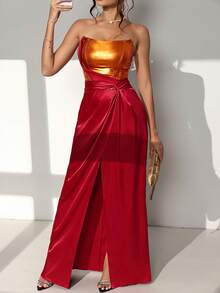 Glisette 女式金属拼接缎面撞色腰部扭纹开衩下摆超长派对连衣裙，秋冬 - 彩色 - 查看 9