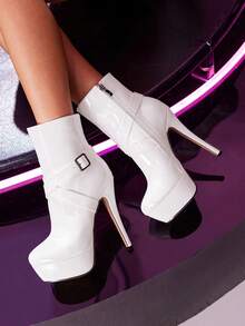 CUCCOO LuxiPop 女式厚底高跟厚底靴，带扣带，性感时尚，适合夜店、万圣节、圣诞节、派对穿着 - 白色 - 查看 3