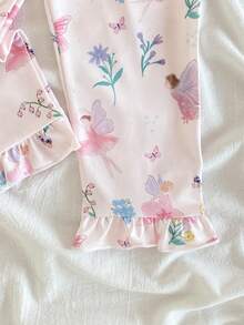 SHEIN Vintaside Kids 2 件套年轻女孩长袖荷叶边袖口全身印花休闲舒适宽松服装 - 彩色 - 查看 5