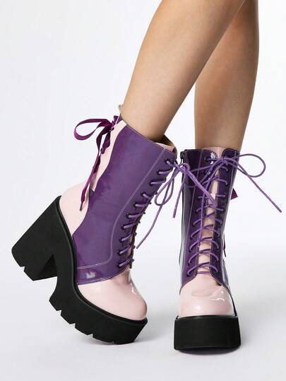 Stivali alla caviglia da donna con tacco largo e colorblock, decorati con fiocco di pizzo viola, stile gotico punk con tacco alto platform, impermeabili, con lacci e cerniera laterale, stile motociclista