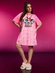 THE POWERPUFF GIRLS X SHEIN Plus Size Summer Cute Letter & Blossom, Bubbles, Buttercup Pattern Raglan Sleeve Nightgown Kawaii Nightgown Pink Nightgown Powerpuff Girls Dress Powerpuff Girls Nightgown Cartoon Nightgown Moo Moo Night Gown Moomoo Dress Romwe Kawaii - Pink - View 5
