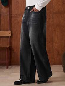 SWAVVY Quần jean ống rộng túi đơn giản cho nam - Xám - Xem 3