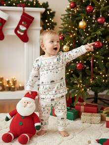 SHEIN Vintaside Kids 2 pièces Ensemble de pyjama ajusté pour bébé garçon avec Top à manches longues et pantalon, imprimé ours cadeau nœud papillon, couleur abricot