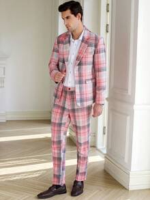 Calvornis Men's Plaid Lapel Collar Blazer And Pants Business Formal Set, Autumn Winter Brunch Wear - Pink - View 3