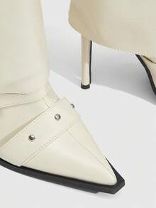 Daringsoles 女式时尚尖头扣环高跟中筒靴 - 米色 - 查看 4