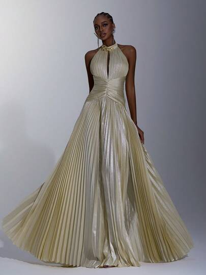 Elitara Elegant Champagne-Colored, Finely Shimmering Silk Fabric With Full Pleating, Simple Symmetrical Design, A Slanted Waistline, An Oversized A-Line Skirt, A High Side Slit, And An Adjustable Back Tie. Suitable For Weddings, Parties, Dates, Fun Vacations, Formal Occasions, Cocktail Parties, Dances, And Evening Gowns.