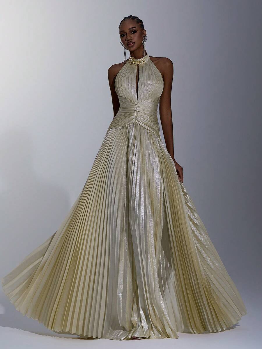 Elitara 优雅香槟色闪光雪纺褶皱不对称腰线 A 字形长裙，高开衩，可调节后带，适合约会、度假、派对、婚礼、毕业典礼、正式活动