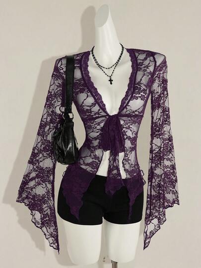 SHEIN ICON Y2k Women's Western Country Concert Boho Hippie Goth Sheer Burgundy Sexy Lace Twist Front Long Sleeve Cardigan