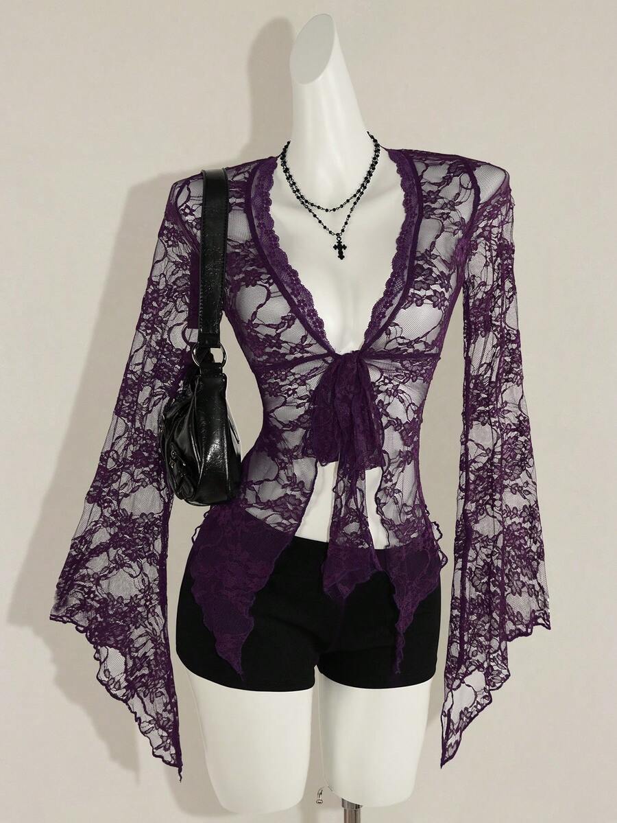 SHEIN ICON Áo khoác cardigan tay dài phối ren xoắn phía trước phong cách Boho Hippie Goth kiểu miền Tây dành cho nữ Y2K - Màu tím - Xem 1