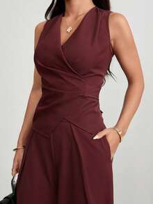 SHEIN PETITE 夏季优雅通勤纯色背心和裤子套装 - 酒紅色 - 查看 5