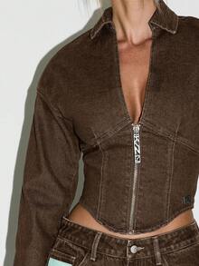 KIZN Cropped Denim Jacket With Front Zip And Contrast Stitching For Casual Fall Winter Outerwear - Chocolate Brown - View 6