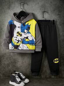 BATMAN X SHEIN 2pcs/Set Young Boy Cartoon Print Hoodie Sweatshirt And Sweatpants, Casual Sports Outdoor Outfit Boys Sweatsuits Set - Multicolor - View 1