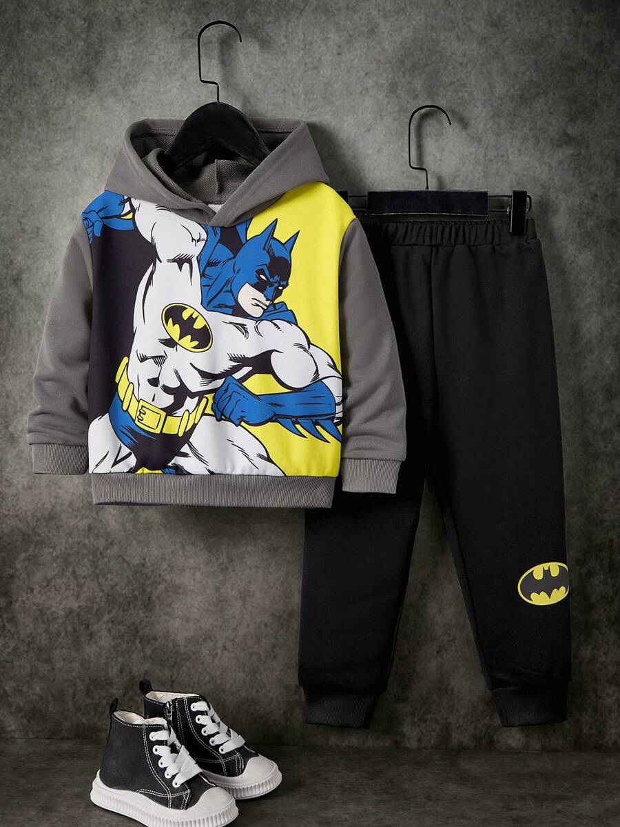 BATMAN X SHEIN 2pcs/Set Young Boy Cartoon Print Hoodie Sweatshirt And Sweatpants, Casual Sports Outdoor Outfit Boys Sweatsuits Set - Multicolor - View 1