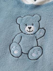 男童长袖连帽睡衣套装（两件套），毛绒面料，可爱小熊刺绣图案，适合秋冬季穿着。 - 藍色 - 查看 5